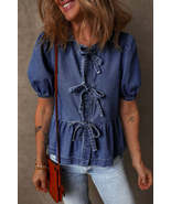 Sail Blue Tied Front Bubble Sleeve Peplum Denim Shirt - $30.99 - $32.99