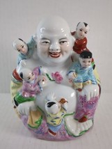 Vintage Chinese Famille Rose Colors Porcelain Sitting Buddha With 5 Children 6.5 - £37.36 GBP