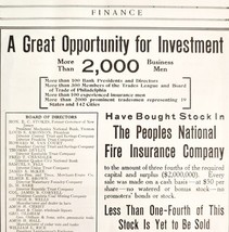 People&#39;s National Fire Insurance Company 1908 Advertisement Finance Mone... - $19.99