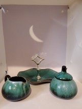 Vtg BMP Blue Mountain Pottery Green Drip Glaze  Creamer and Sugar And Ti... - £36.98 GBP