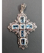 925 STERLING SILVER 6-STONE BLUE TOPAZ CROSS PENDANT WITH FANCY FILIGREE - $86.32 CAD