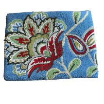 Jacobean Flower Wool Latch Hooked Pillow Blue Red 14x18" Cottage Core Co... - $29.70