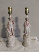 Pair Bisque Table Lamps Victorian Man Lady Figurines Japan 14.5&quot; - No Shades - £73.30 GBP