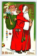 Santa Claus Long Robe Walking Stick Woods Snow Trees Postcard 1908 Christmas - £14.90 GBP