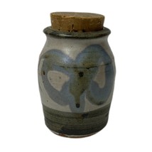 4&quot; Pottery Jar w/ Cork Stopper Blue Green Drip Glaze - Marked - $13.85