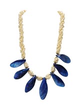 Blue White Pearl Shell Necklace With Leaf Design Pendant Gold-Tone Accents 20&quot; - £22.97 GBP