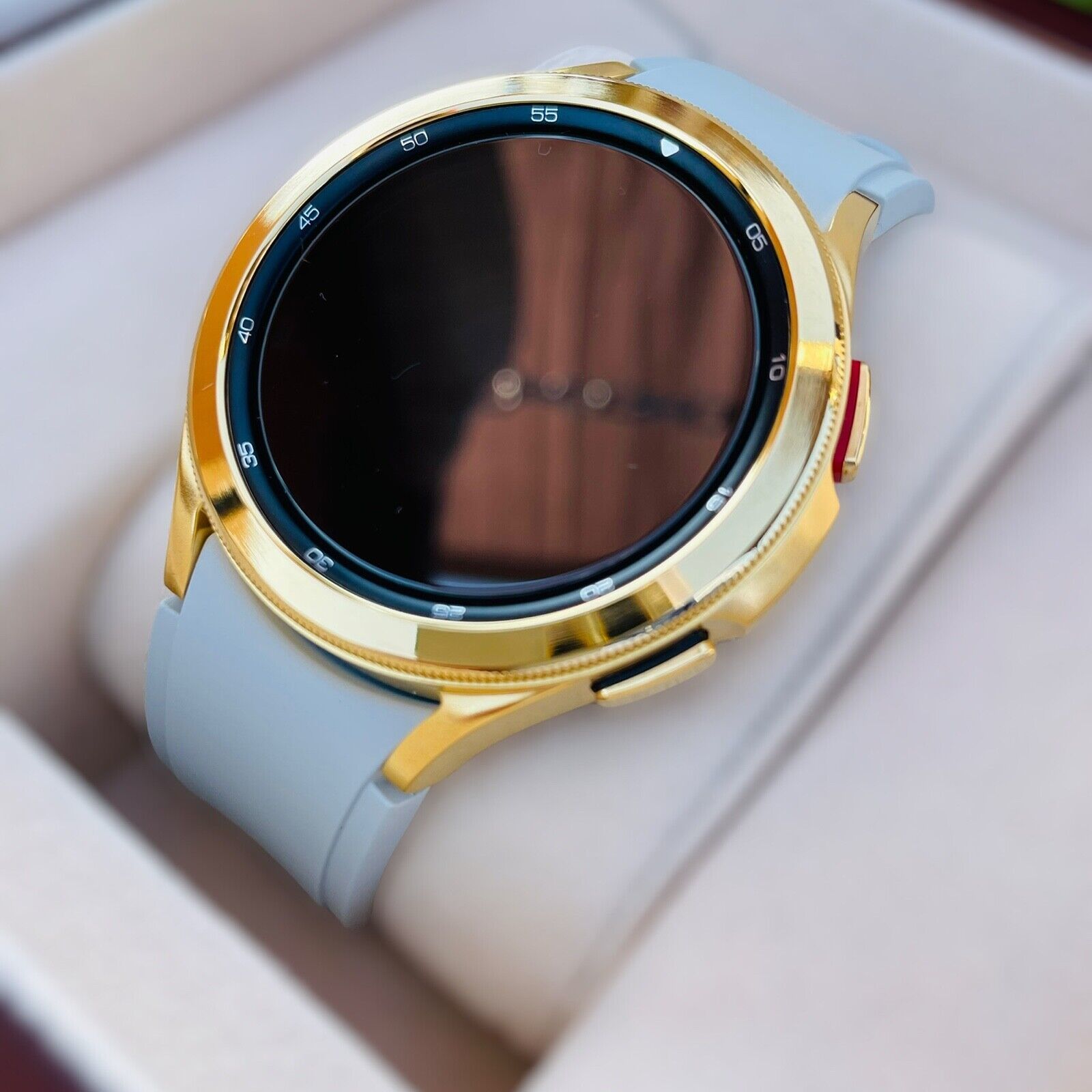 Primary image for Custom 24k Gold Plated 46mm Samsung Galaxy Watch 4 POLISHED Gray Gold Band