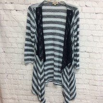 One World Womens Open Front Cardigan Sweater White Black Striped Lace St... - $15.35