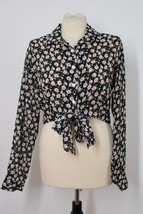 Vtg 80s Judy Knapp M Black Floral Long Sleeve Tie Cropped Top - £34.98 GBP