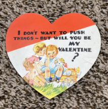 Vintage Valentines Day Card Boy Girl Dog on Cart Don&#39;t Want to Push Things - $4.99