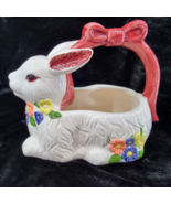 Easter Bunny Basket Ceramic 9&quot; Tall Rabbit Flowers Bow Handle Planter Ea... - £13.13 GBP