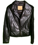 LEVI STRAUSS Co. BLACK LEATHER MOTORCYCLE BIKER JACKET-WOMEN-M -5 POCKET - $350.71 CAD