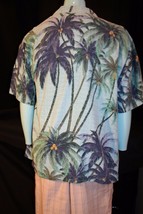 Tommy Bahama Silk Green Blue Gray Palm Tree Coconut Hawaiian Cabana Shirt Lg - $44.95