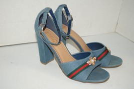 Rouge Helium Denim Jean Heels Green and Red Ribbon with gold Bee size 9 - £23.80 GBP