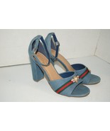 Rouge Helium Denim Jean Heels Green and Red Ribbon with gold Bee size 9 - $40.43 CAD