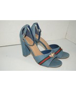 Rouge Helium Denim Jean Heels Green and Red Ribbon with gold Bee size 9 - £23.21 GBP