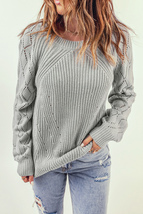 Gray Hollow-out Puffy Sleeve Knit Sweater - £26.50 GBP