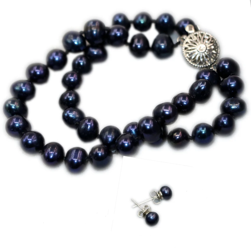 Real Natural Freshwater Pearl Beads Jewelry Set Trendy 7-8mm Black 2 Rows - £21.27 GBP
