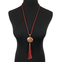 CLOISONNE-style pendant necklace - champleve red flower bouquet tassel 28&quot; cord - £17.98 GBP