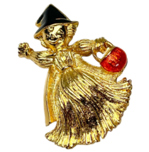 Halloween Witch Pin Brooch Gold Tone Enamel Scarecrow Trick Treat Pumpkin 1.5” - £11.19 GBP