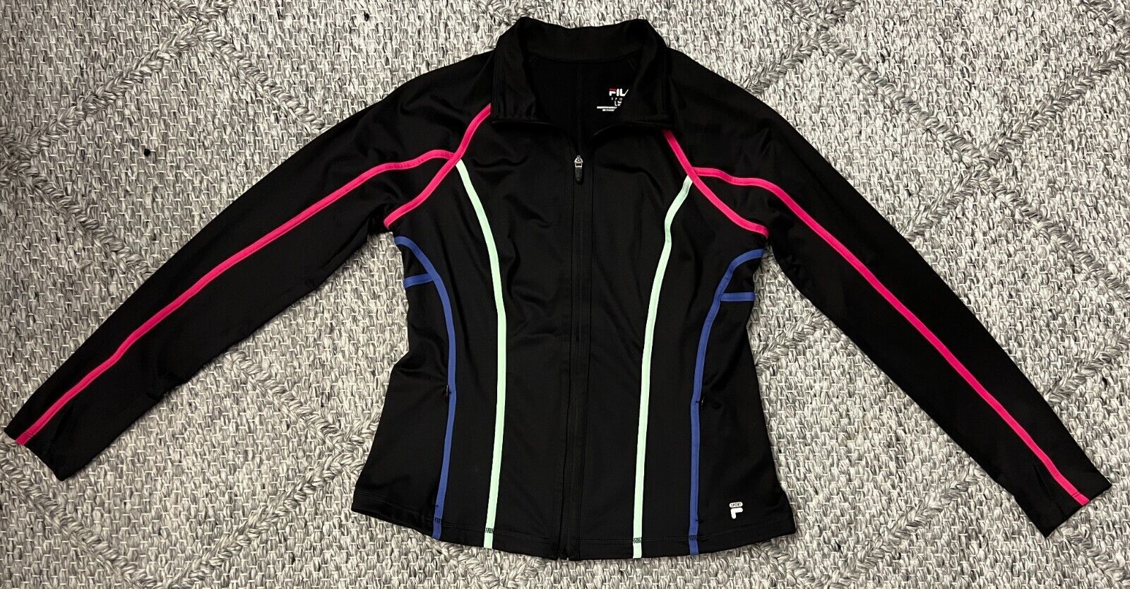 Primary image for FILA Sport Women’s Track Jacket Full Zip Black w/ Neon-Colored Stripes ~ Size L