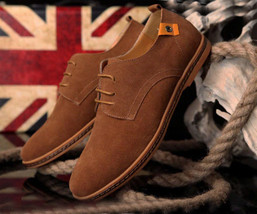 Customize Handmade Brown Plain Vamp Real Suede Leather Men Derby Lace Up Boots - £117.49 GBP