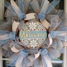 Blue Daisy Door Wreath  Mesh Rustic Home Decor  Spring Accent  24 Inch - $59.99