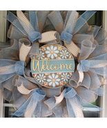 Blue Daisy Door Wreath  Mesh Rustic Home Decor  Spring Accent  24 Inch - $59.99