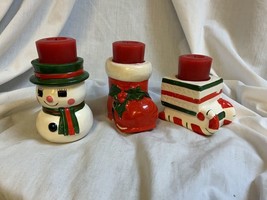 Vintage Ceramic Christmas Votive Candle Holder SNOWMAN STOCKING SLEIGH - $14.20