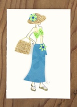 Pastel Teal Outfit Gal with Straw Hat and Purse Greeting Card - £5.59 GBP