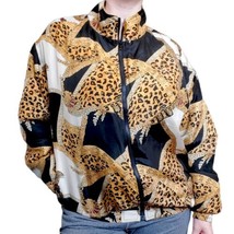 Vintage 80&#39;s Gold Chain and Leopard Print Silk Bomber Pockets Damask Sz ... - $57.95