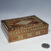 Marquetry Mosaic Inlay Wood Hinged Jewelry Trinket Box Red Velvet Lined EUC - £17.39 GBP