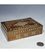 Marquetry Mosaic Inlay Wood Hinged Jewelry Trinket Box Red Velvet Lined EUC - £17.39 GBP