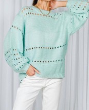 Vine &amp; Love Round Neck Balloon Sleeve Open-Knit Crochet Sweater Blue - $34.00