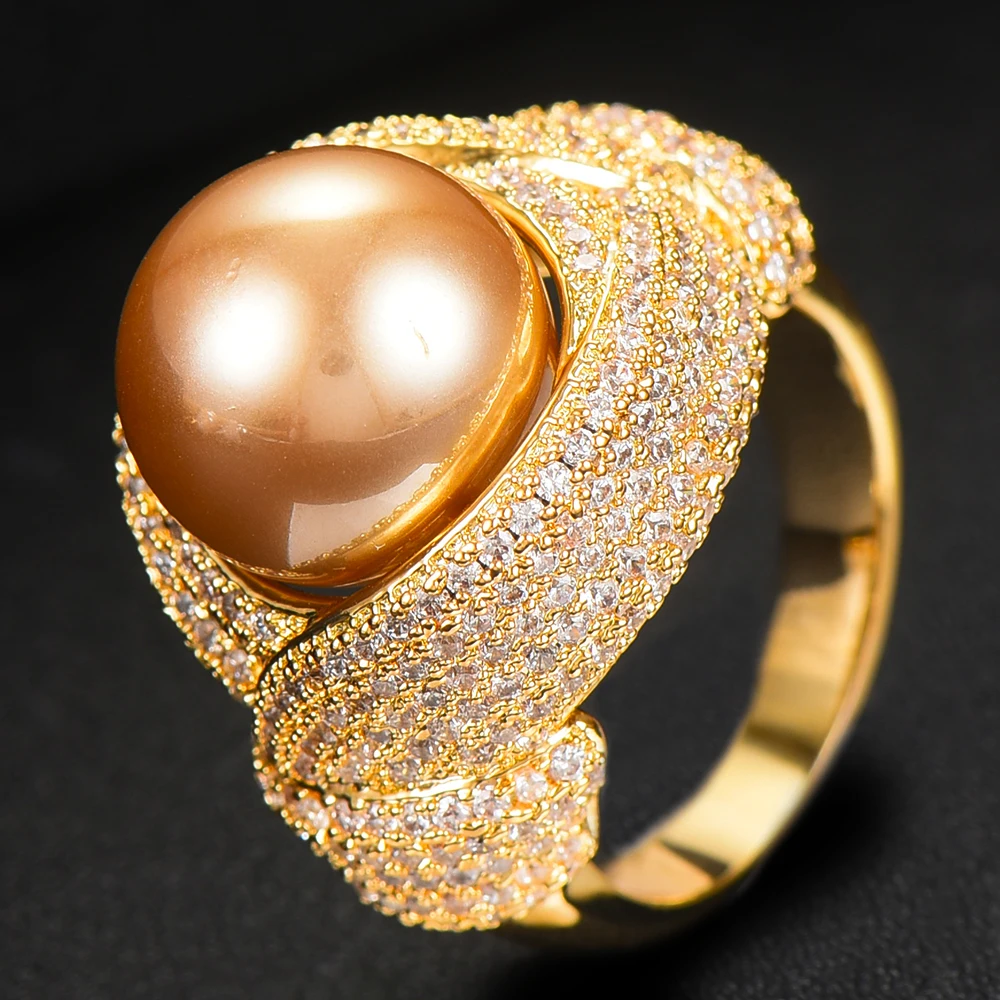 Luxury Big Imitation Pearl Flower Bold Statement Rings with Zircon Stone... - $34.88