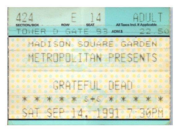 Primary image for Grateful Dead Concierto Ticket Stub Septiembre 14 1991 Madison Square Jardín Nyc
