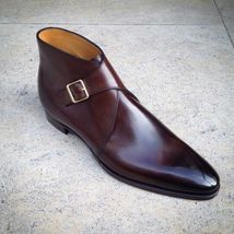 Temptress Brown Plain Toe Unique Ankle Monk Strap Leather Men&#39;s Business Shoes - $179.99