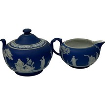 Antique Victorian Wedgwood England Cobalt Blue Jasperware Creamer &amp; Suga... - $88.83