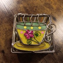 Colorful Stained Glass Teacup &amp; Saucer Vtg Metal Trinket Tea Bag Box 3.5&quot;sqx2&quot;t - £18.64 GBP