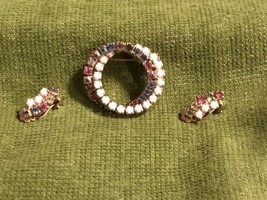 Multi color Gemstone Round Brooch &amp; Clipon Earrings - £21.18 GBP