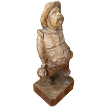 Vintage Hand Carved Wooden Folk Art Pot Bellied Man Holding Bag 9&quot; Tall - £25.29 GBP