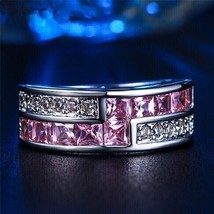 14K White Gold Plated 1.75Ct Princess Cut Lab-Created Pink Sapphire Band Ring - £95.91 GBP