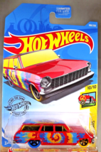 2019 Hot Wheels #188 HW Art Cars 10/10 &#39;64 CHEVY NOVA WAGON Red w/Blue-Yell Whls - £6.26 GBP