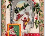 Santa Claus With Pipe Kids Sledding Merry Christmas Embossed DB Postcard K9 - $15.79