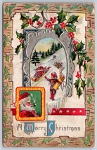 Santa Claus With Pipe Kids Sledding Merry Christmas Embossed DB Postcard K9 - £12.44 GBP