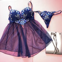 Victoria&#39;s Secret 34B,34C Bra Babydoll Dress Thong Blue Silver Floral Embroider - £150.81 GBP+