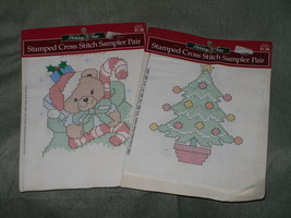 Bucilla Holiday Time Stamped Cross Stitch Sampler Fabric Set of 2 Unused Vintage - £7.95 GBP