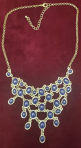 Antiqued Gold Tone w Blue Cabochons Necklace - $14.87