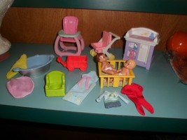 15 Vtg  Mattel + Doll Baby Nursery Furniture Set + 2 DOLLS 3&quot; +HIGH CHAI... - $21.66