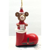 Vintage Bear in Red Stocking Wood Christmas Tree Ornament Santa Hat Handpainted - £13.56 GBP
